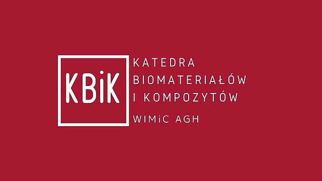 logo KBiK oraz napis "katedra Biomateriałow i Kompozytów WIMiC AGH"; białe litery na granatowym tle